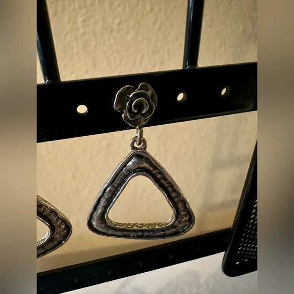 Or Paz 925 Sterling Silver Triangle Dangle Earrings | Israel | Flower Accent - Picture 4 of 6